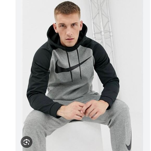 Nike Dri Fit Training Swoosh Therma Gray Black Pullover Hoodie Size Large - Picture 1 of 9
